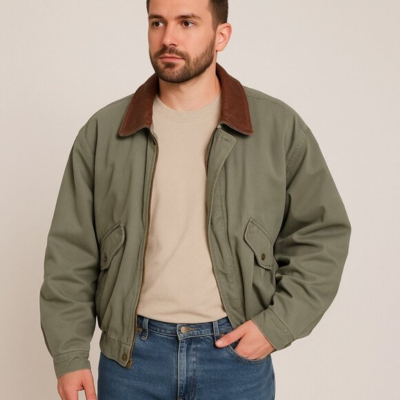 VTG Dunbrooke Green Canvas Cotton Bomber Jacket with Leather Collar Size XL - Picture 1 of 15